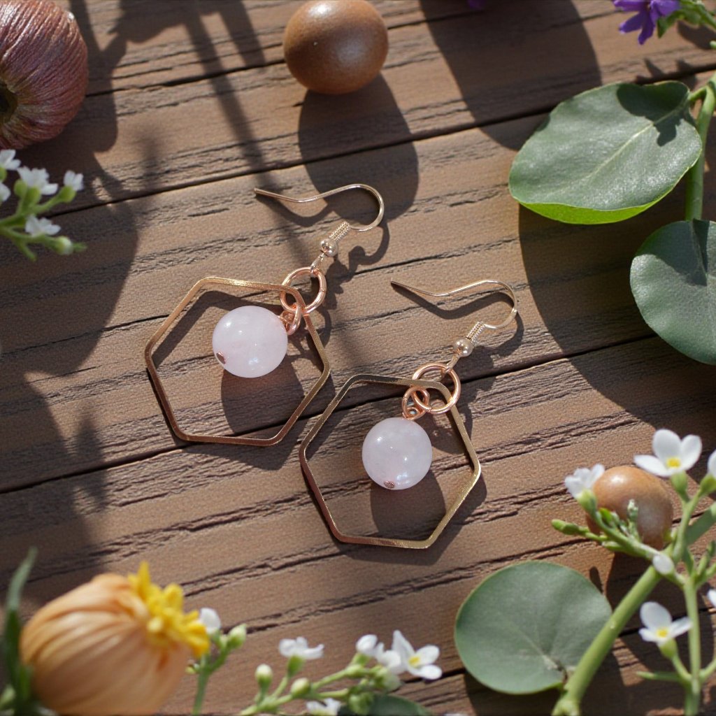 Rose Quartz Earrings, Natural Rose Quartz With Rose Gold